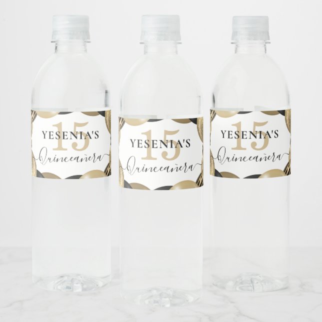 Gold Sparkle Black Quinceanera Balloon Water Bottle Label (Bottles)