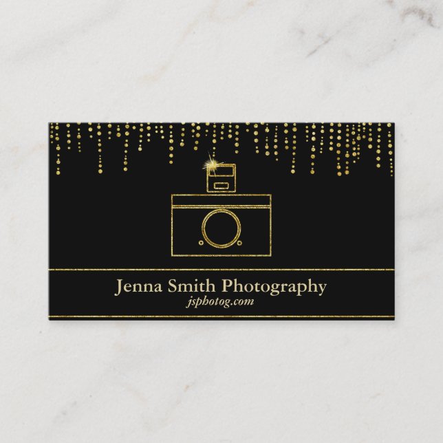 Gold Sparkle Camera Photographer Business Card (Front)