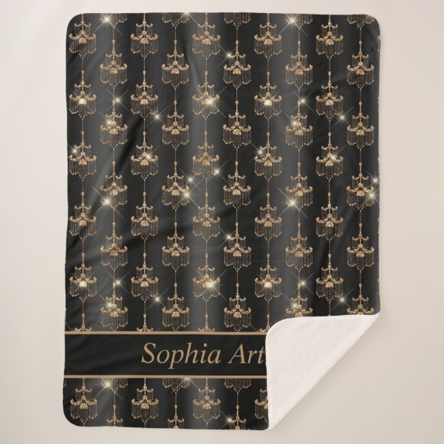 Gold Sparkle Chandelier Pattern Black Sherpa Blanket (Front)