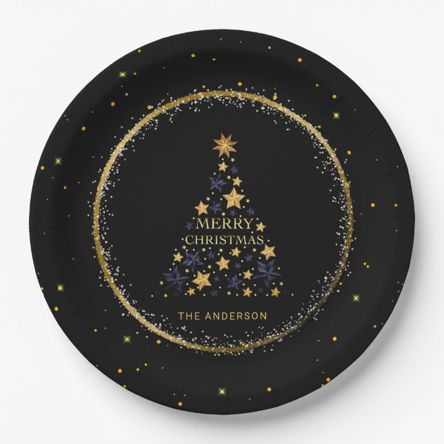Gold Sparkle Christmas Tree Holiday Paper Plate (Front)