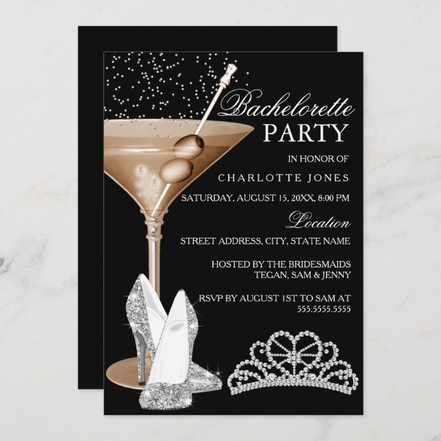Gold Sparkle Cocktail Bachelorette Party Invitation (Front/Back)