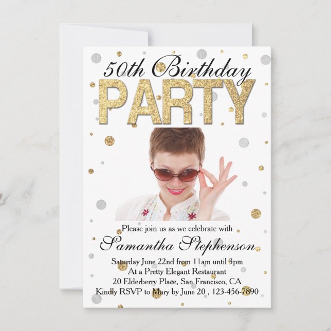 Gold Sparkle Confetti Photo 50th Birthday Party Invitation (Front)