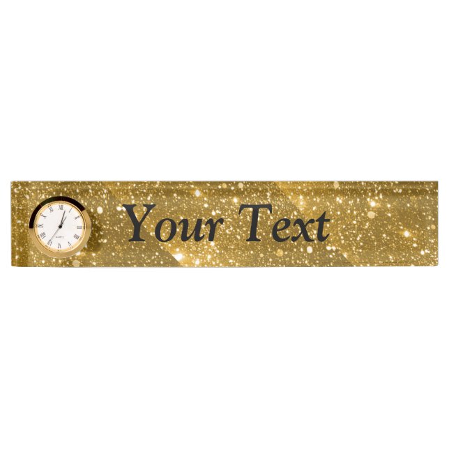 Gold Sparkle Desk Nameplate with Clock (Front)