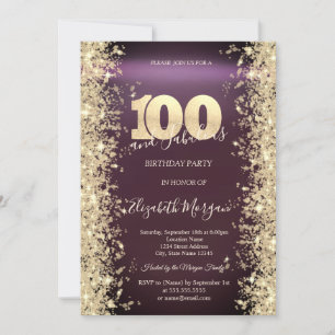 Gold Sparkle Diamonds Burgundy 100th Birthday Invitation