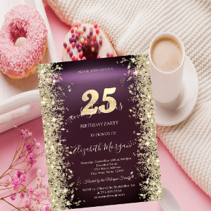 Gold Sparkle Diamonds Burgundy 25th Birthday   Invitation