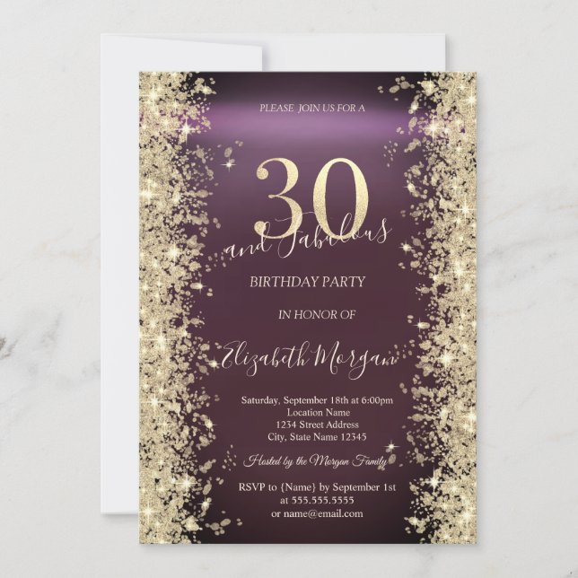 Gold Sparkle Diamonds Burgundy 30th Birthday   Invitation (Front)