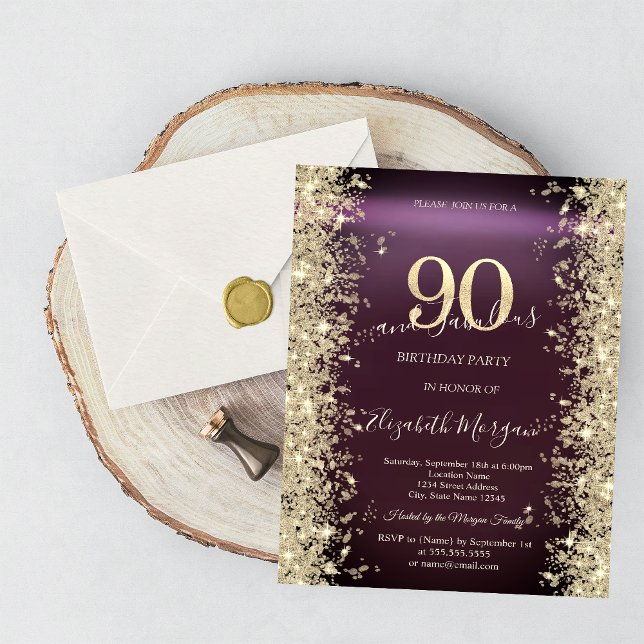 Gold Sparkle Diamonds Burgundy 90th Birthday   Invitation (Creator Uploaded)