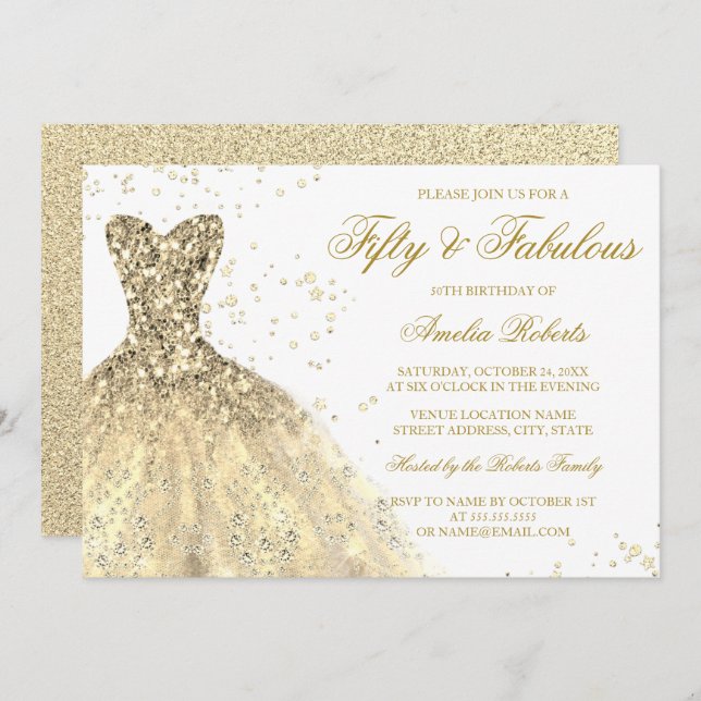 Gold Sparkle Dress Fabulous 50th Birthday Party Invitation (Front/Back)