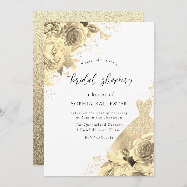 Gold Sparkle Dress & Flowers Bridal Shower Invitation (Front/Back)