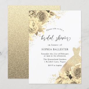 Gold Sparkle Dress & Flowers Bridal Shower Invitation