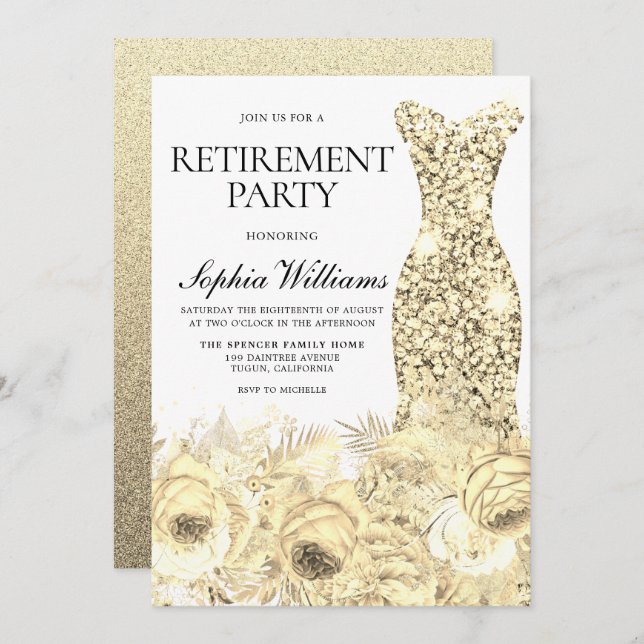 Gold Sparkle Dress & Flowers Retirement Party Invitation (Front/Back)
