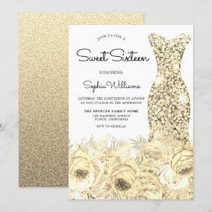 Gold Sparkle Dress & Flowers Sweet 16 Party Invitation