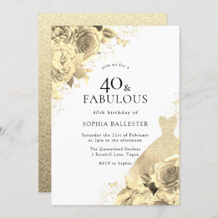Gold Sparkle Dress & Flowers Womans 40th Birthday Invitation