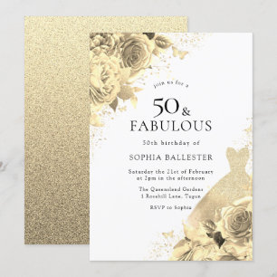 Gold Sparkle Dress & Flowers Womans 50th Birthday Invitation