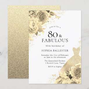 Gold Sparkle Dress & Flowers Womans 80th Birthday Invitation