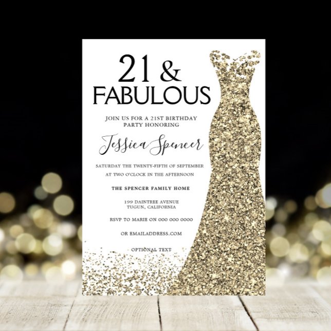 Gold Sparkle Dress Girls 21st Birthday Party Invitation (Creator Uploaded)