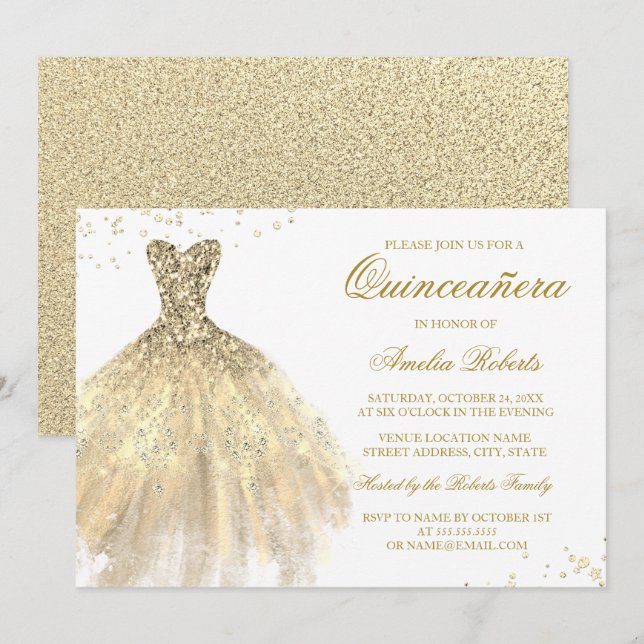 Gold Sparkle Dress Quinceanera Invitation (Front/Back)