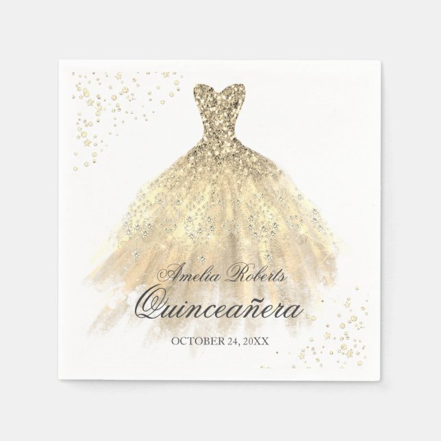 Gold Sparkle Dress Quinceanera Napkin (Front)