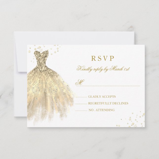 Gold Sparkle Dress Quinceanera RSVP Card (Front)