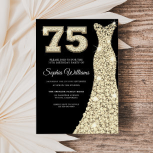 Gold Sparkle Dress Woman Black 75th Birthday Party Invitation