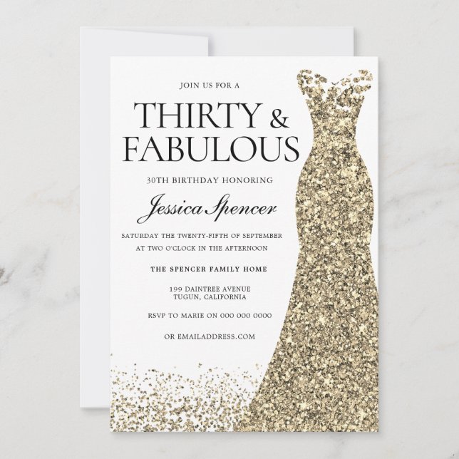 Gold Sparkle Dress Womans 30th Birthday Party Invitation (Front)