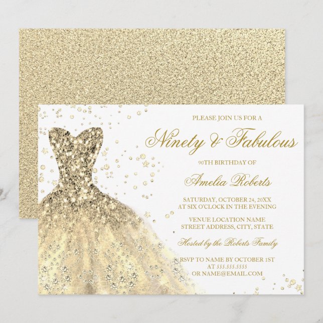Gold Sparkle Dress Womans 90th Birthday Party Invitation (Front/Back)