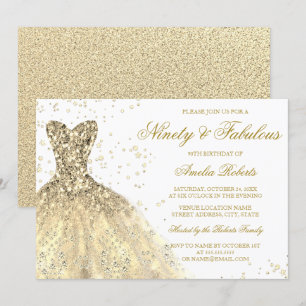 Gold Sparkle Dress Womans 90th Birthday Party Invitation