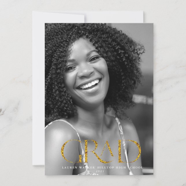 gold sparkle elegant script graduate announcement (Front)