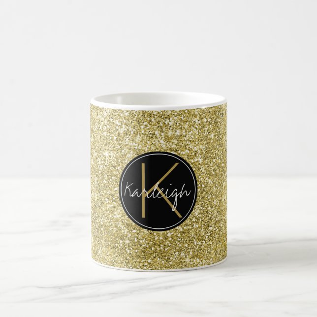 Gold Sparkle Faux Glitter Monogram Coffee Mug (Center)