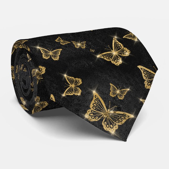 Gold Sparkle Glam Butterflies  Tie (Rolled)