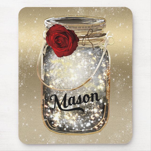 Gold Sparkle Glam Red Rose Mason Jar Mouse Pad (Front)