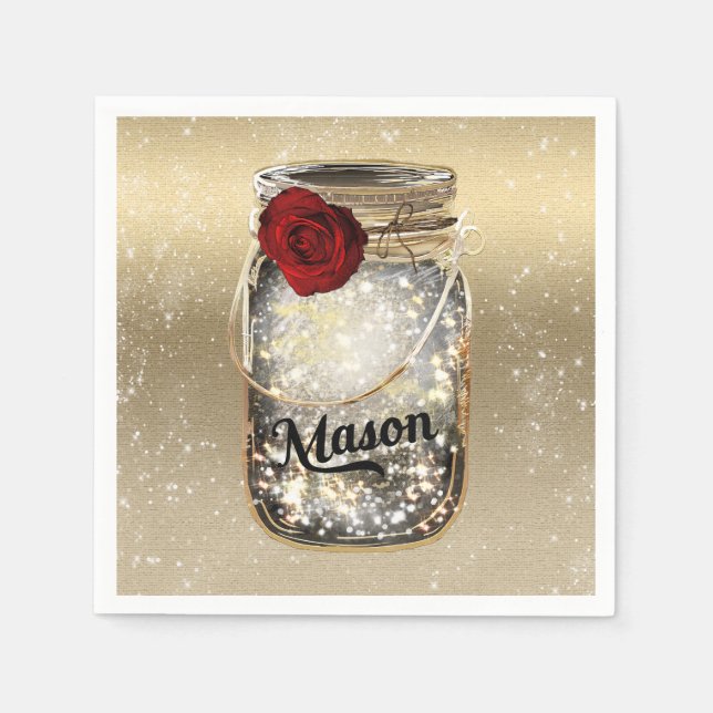 Gold Sparkle Glam Red Rose Mason Jar Napkin (Front)