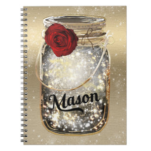 Gold Sparkle Glam Red Rose Mason Jar Notebook