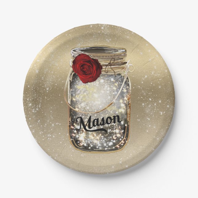 Gold Sparkle Glam Red Rose Mason Jar Party Paper Plate (Front)