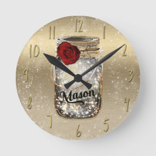 Gold Sparkle Glam Red Rose Mason Jar Round Clock