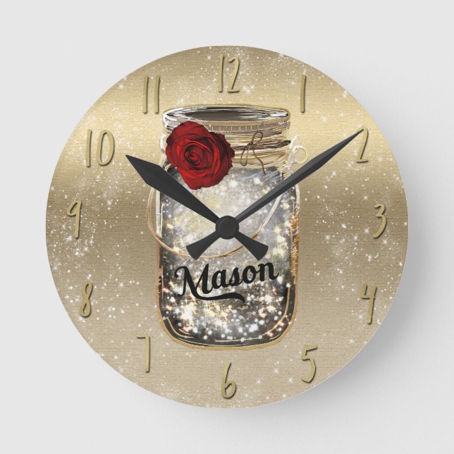 Gold Sparkle Glam Red Rose Mason Jar Round Clock (Front)