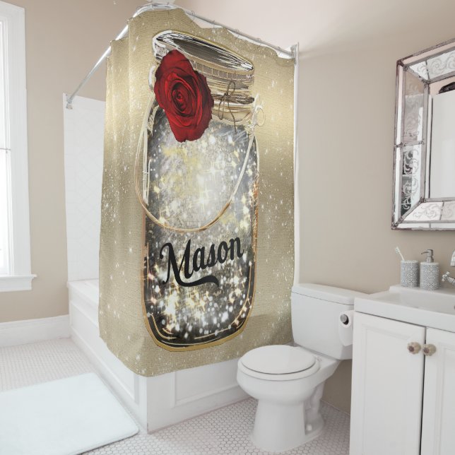 Gold Sparkle Glam Red Rose Mason Jar Shower Curtain (In Situ)