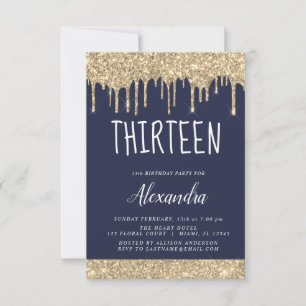 Gold Sparkle Glitter 13th Thirteen Birthday Invitation