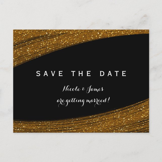 Gold Sparkle Glitter Black Save The Date Postcard (Front)