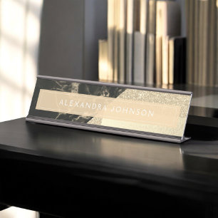 Gold Sparkle Glitter Foil and Black Marble Desk Name Plate