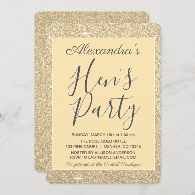 Gold Sparkle Glitter Hen's Party Invitation (Front/Back)