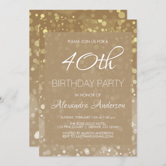 Gold Sparkle Glitter Lights 40th Birthday Party Invitation (Front/Back)