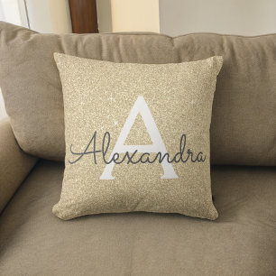 Gold Sparkle Glitter Monogram Name & Initial Cushion