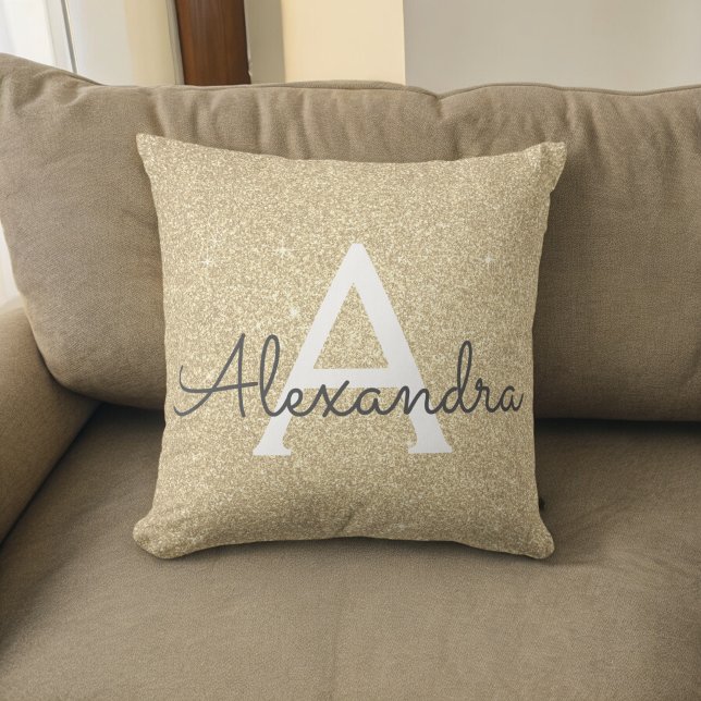 Gold Sparkle Glitter Monogram Name & Initial Cushion (Creator Uploaded)