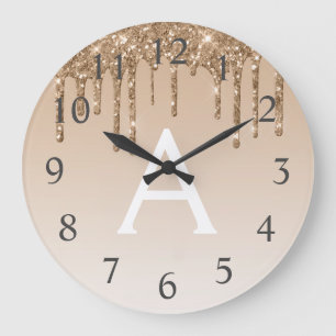 Gold Sparkle Glitter Monogram Name & Initial Large Clock