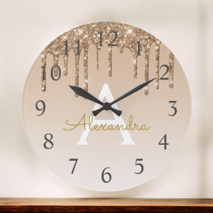Gold Sparkle Glitter Monogram Name & Initial Large Clock