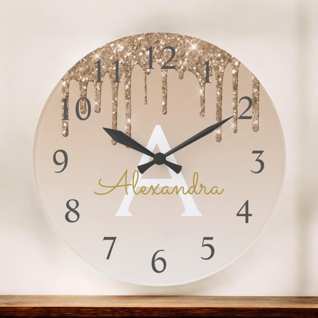 Gold Sparkle Glitter Monogram Name & Initial Large Clock (Creator Uploaded)