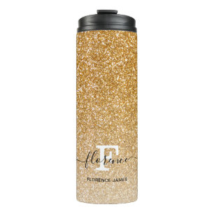 Gold Sparkle Glitter Ombre Girly Monogram Name Thermal Tumbler