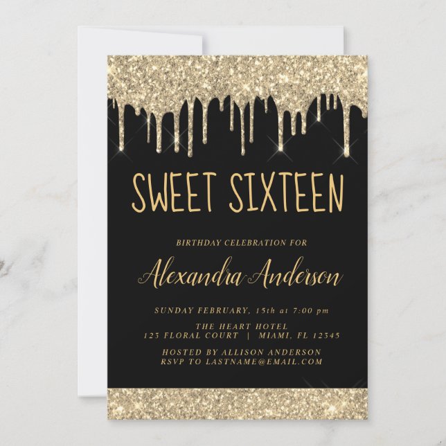 Gold Sparkle Glitter Sweet Sixteen Birthday Invitation (Front)