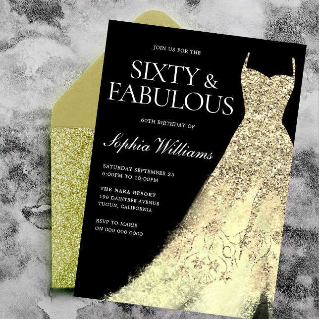 Gold Sparkle Gown Black 60th Birthday Party  Invitation (Creator Uploaded)